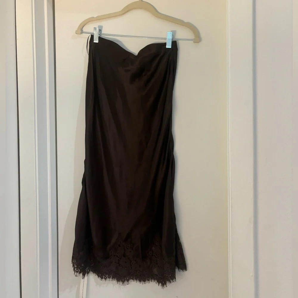Reformation Brown Satin Slip Skirt with Lace Trim - Picture 2 of 5